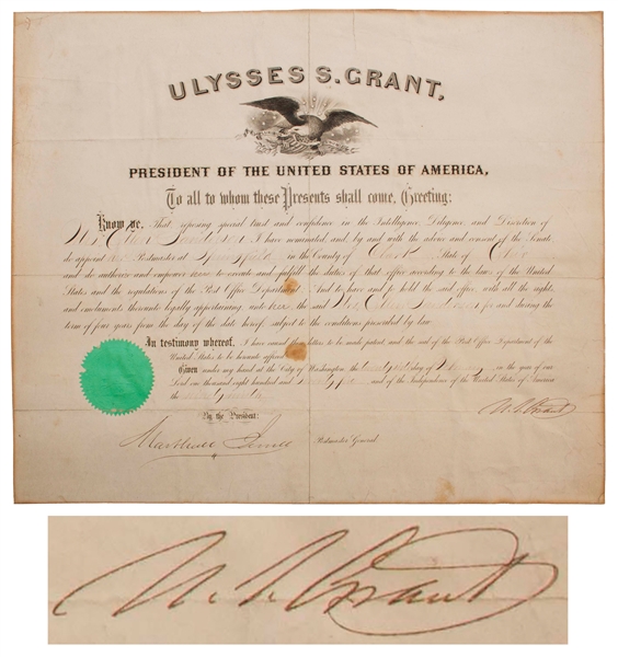 Ulysses S. Grant Document Signed as President, Appointing Ellen Keiser Sanderson to the Position of Postmaster -- During the Civil War Sanderson's Husband Uncovered a Plot Against the Government